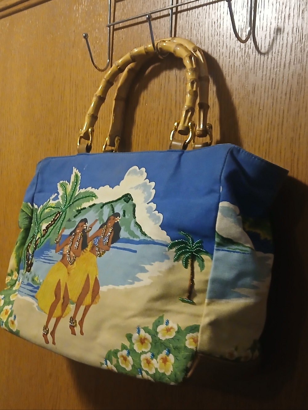 Preston & York Tropical Hula Girl Beaded Tote Bamboo Handle